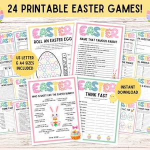 May include: A collection of 24 printable Easter games, including word scrambles, trivia, and bingo. The game sheets feature colorful designs with Easter-themed graphics and text. Includes US Letter and A4 sizes.
