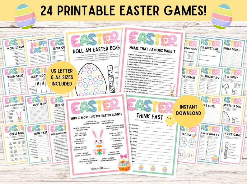 May include: A collection of 24 printable Easter games, including word scrambles, trivia, and bingo. The game sheets feature colorful designs with Easter-themed graphics and text. Includes US Letter and A4 sizes.
