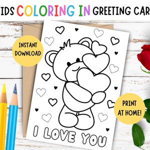 Carte de Saint-Valentin à colorier pour enfants - carte à imprimer ours je t'aime - carte de Saint-Valentin bricolage pour enfants - carte à colorier de la Saint-Valentin - 5 x 7 pouces