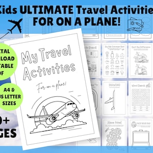 May include: A black and white printable activity book for kids with the title "My Travel Activities For on a Plane!"  The cover features a cartoon airplane flying over clouds. The book includes over 40 pages of activities for kids to do on a plane.