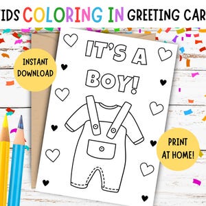 "Kinder färben ""It's a Boy"" Karte - DRUCKBARE Glückwunschkarte Baby Boy - Kids DIY Färbung Karte - New Baby Card - 5 x 7 Zoll."