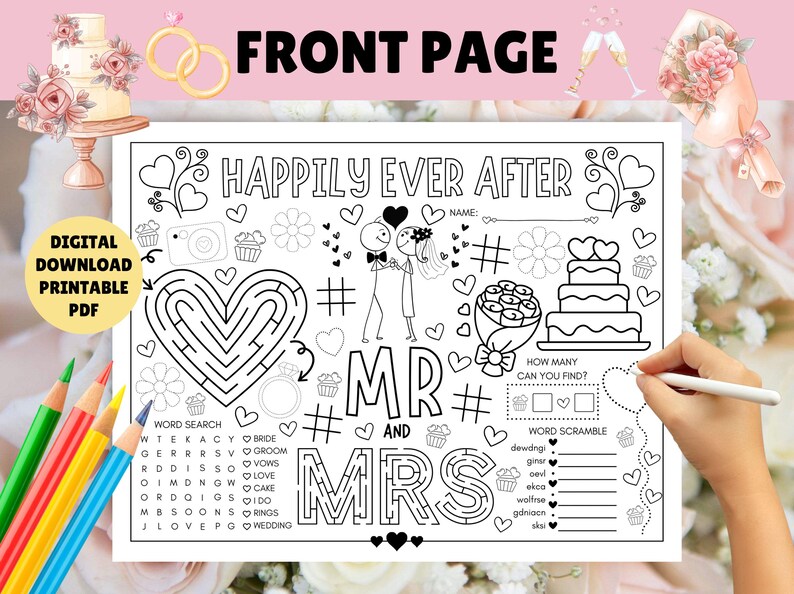 Puede incluir: Una hoja de actividades de boda imprimible con una ilustraci&oacute;n en blanco y negro de una novia y un novio, un laberinto en forma de coraz&oacute;n, una b&uacute;squeda de palabras, una palabra revuelta y el texto "Happily Ever After".