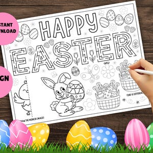 May include: Black and white printable Easter coloring page with a bunny holding an egg, a maze, a find the difference game, and a mirror image activity. The page says "Happy Easter" at the top.