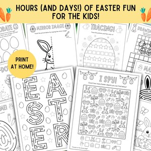 Op de afbeelding: Een verzameling printbare Paas-activiteitenbladen voor kinderen. De bladen bevatten doolhoven, kleurplaten en spellen zoals "I Spy" en "Dot-to-Do". De tekst "HOURS (AND DAYS!) OF EASTER FUN FOR THE KIDS!" en "PRINT AT HOME!" zijn zichtbaar.