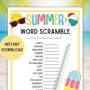¡Juego de palabras de verano! Juego imprimible de palabras de verano. Descifra las palabras de verano. Juego de fiesta de verano para familias, adolescentes y niños. Juego de campamento de verano.