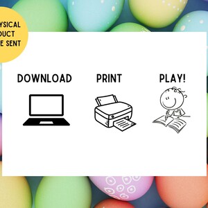 May include: Black and white illustration of a laptop, printer, and a person drawing in a notebook. The text "DOWNLOAD", "PRINT", and "PLAY!" are written above each illustration.