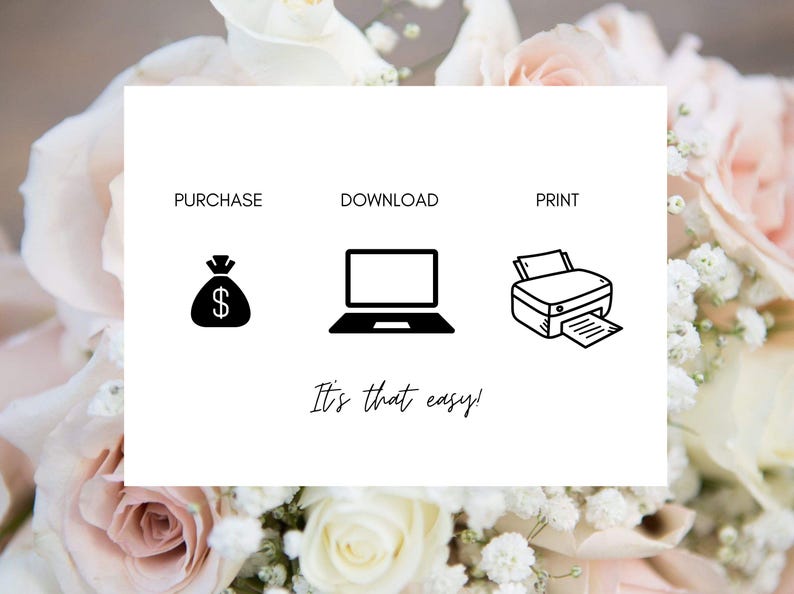 Puede incluir: Una tarjeta blanca con texto negro e iconos que muestran los pasos para comprar, descargar e imprimir un producto digital. El texto dice "COMPRAR, DESCARGAR, IMPRIMIR. &iexcl;As&iacute; de f&aacute;cil!"