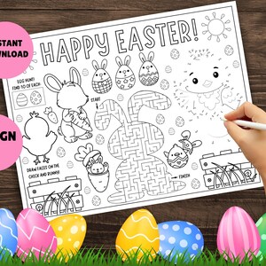 May include: Black and white printable Easter activity sheet with a bunny maze, connect the dots, egg hunt, and a chick and bunny to color. The sheet says "Happy Easter!" at the top.