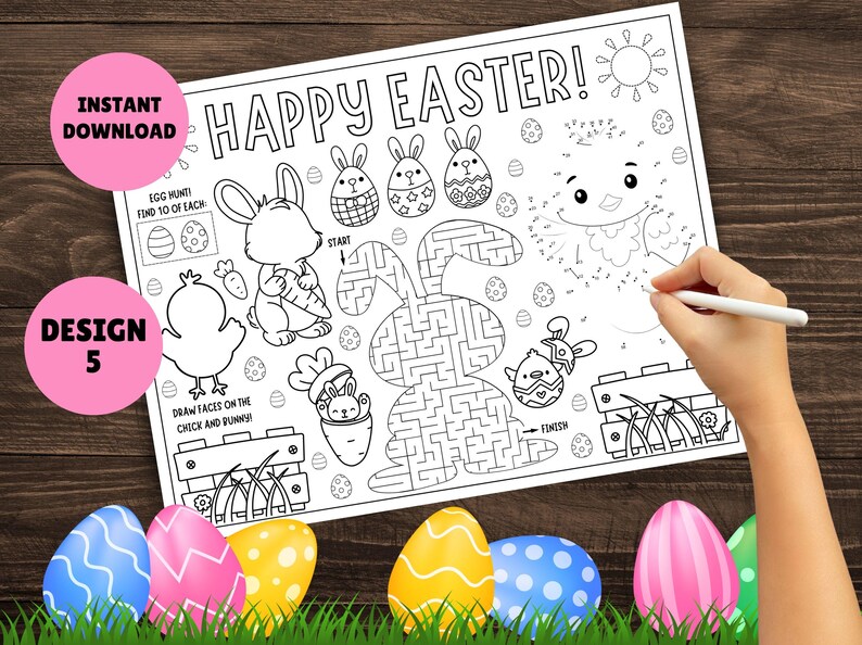 May include: Black and white printable Easter activity sheet with a bunny maze, connect the dots, egg hunt, and a chick and bunny to color. The sheet says "Happy Easter!" at the top.