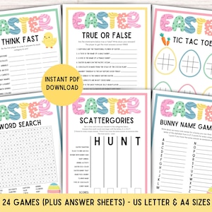 May include: A collection of six colorful Easter-themed printable games, including a word search, true or false, and tic-tac-toe. The games feature pastel colors and Easter-related graphics. The text "EASTER" is prominently displayed on each game sheet. The text "INSTANT PDF DOWNLOAD" is also visible.