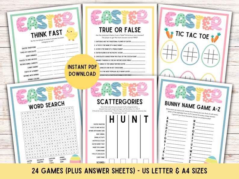 May include: A collection of six colorful Easter-themed printable games, including a word search, true or false, and tic-tac-toe. The games feature pastel colors and Easter-related graphics. The text "EASTER" is prominently displayed on each game sheet. The text "INSTANT PDF DOWNLOAD" is also visible.