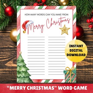 Könnte beinhalten: Druckbares Weihnachts-Wortspiel mit rot-grünem gestreiftem Hintergrund. Das Spiel fragt "Wie viele Wörter kannst du aus Frohe Weihnachten machen?" und enthält einen Weihnachtsmann-Hut, einen Stern, einen Weihnachtsbaum und eine Geschenkbox.