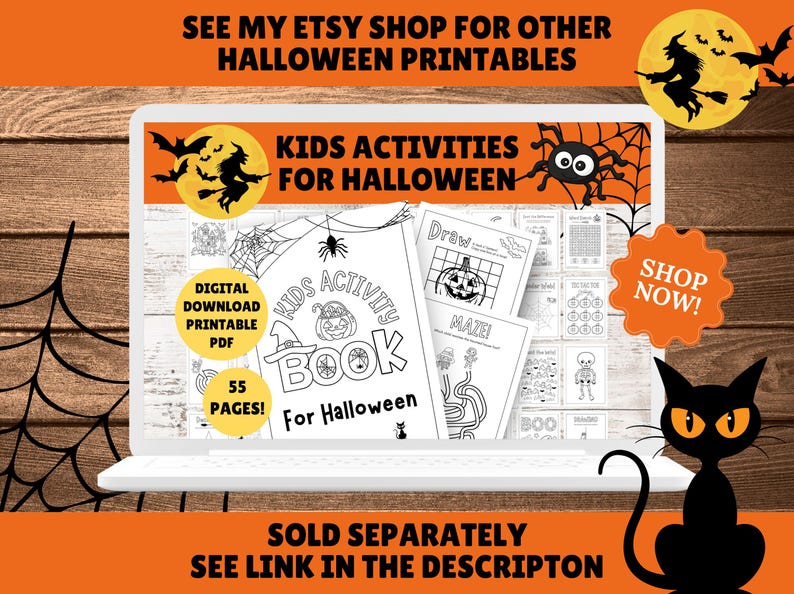 Halloween aktivitetsmatta för barn - Halloween bordsunderlägg - UTSKRIVBAR PDF - Direkt digital nedladdning - Målarbilder, spel, sött läskigt tema bild 6