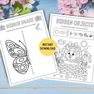 May include: Black and white printable worksheet with two activities. The first activity is a mirror image activity with a butterfly. The second activity is a hidden objects activity with a bunny in a basket and a list of objects to find in the picture.