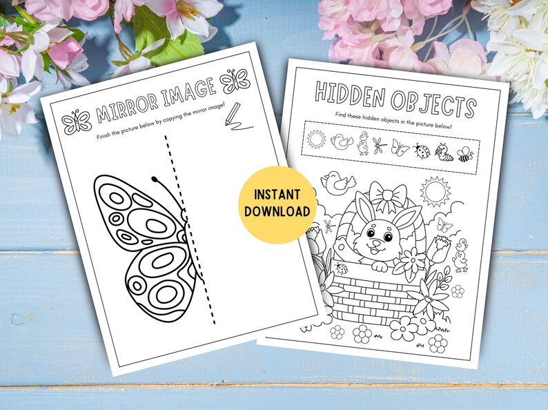 May include: Black and white printable worksheet with two activities. The first activity is a mirror image activity with a butterfly. The second activity is a hidden objects activity with a bunny in a basket and a list of objects to find in the picture.