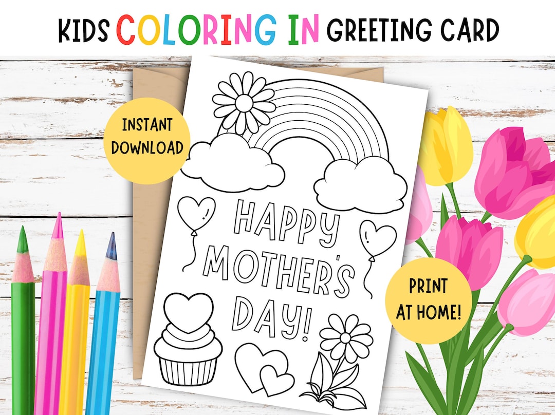 Kids Mother's Day Coloring Card - PRINTABLE Kids Mother's Day Card ...