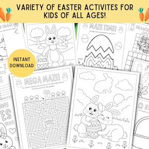 Op de afbeelding: Een verzameling printbare Paas-activiteitenpagina's voor kinderen van alle leeftijden. De pagina's bevatten doolhoven, kleurplaten en tekenactiviteiten. De tekst "Variety of Easter Activities for Kids of All Ages!" staat bovenaan. Het woord "Instant Download" is ook zichtbaar.