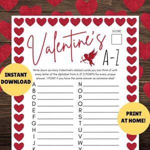 Valentine&#39;s A-Z Word Game - PRINTABLE Valentines A-Z Activity - Valentines Games - Valentines Page - Love Alphabet Game - INSTANT DOWNLOAD