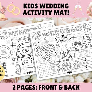 May include: A black and white printable activity mat for kids featuring wedding-themed activities. The front side has a car with hearts, a design your own ring activity, and a word search. The back side has a heart maze, a word scramble, and a "Mr. and Mrs." design.