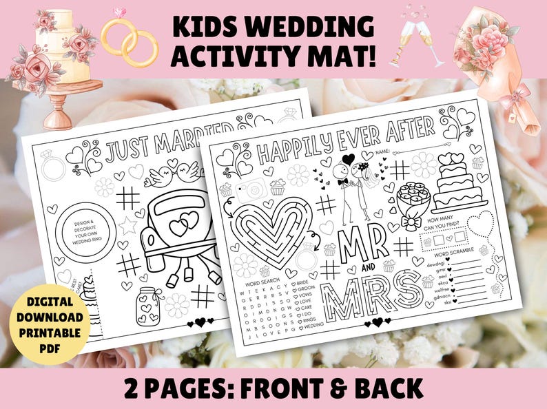 Puede incluir: Una alfombra de actividades imprimible en blanco y negro para ni&ntilde;os con tem&aacute;tica de boda. El lado frontal tiene un coche con corazones, una actividad de dise&ntilde;o de tu propio anillo y una b&uacute;squeda de palabras. El lado posterior tiene un laberinto de corazones, una palabra revuelta y un dise&ntilde;o de "Sr. y Sra.".