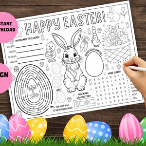 May include: A black and white printable Easter activity sheet with a bunny rabbit, a maze, a word search, and a design your own egg section. The sheet says "Happy Easter!" at the top.