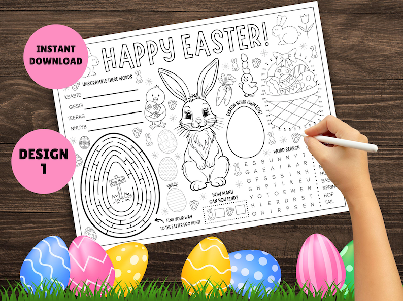 May include: A black and white printable Easter activity sheet with a bunny rabbit, a maze, a word search, and a design your own egg section. The sheet says "Happy Easter!" at the top.