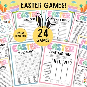 May include: A set of 24 printable Easter games, such as word searches and trivia, with colourful designs. The games feature Easter eggs, carrots, and bunny ears. The words "Easter Games" are displayed in a playful font.