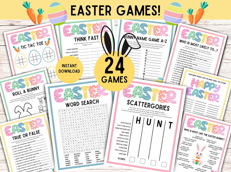 May include: A collection of 24 Easter-themed printable games, including tic-tac-toe, word search, and trivia. The colorful designs feature pastel colors, Easter eggs, carrots, and bunny ears. The words "Easter Games" are prominently displayed.
