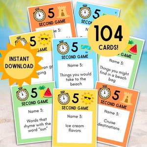 Zomerspel van 5 seconden! 104 x AFDRUKBARE 5 seconden-spelkaarten voor zomer, zomerfeestspel, achtertuin BBQ-spellen, roadtrip-spel, 5 seconden-spel