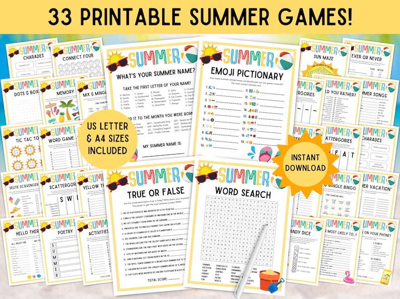 33 x Sommarlekar! UTSKRIVBARA Sommarlovsspel, Sommarfest, Sommarlägerspel, Charader, Ordspel, Trivia - Omedelbar Digital Nedladdning bild 3