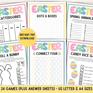 May include: A set of six Easter-themed printable games, including Scattergories, Dots & Boxes, and Candy Dice Game. Each game sheet features colorful pastel designs and the word "Easter". The set includes US Letter and A4 sizes.