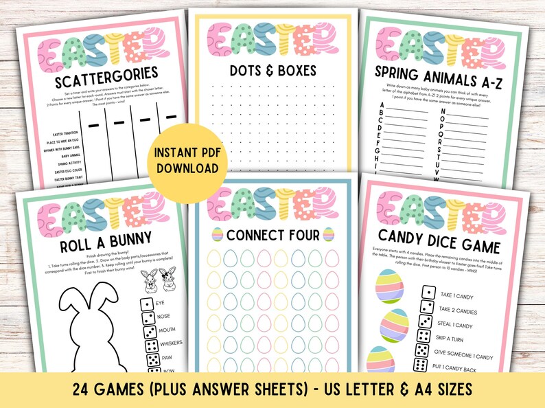 May include: A set of six Easter-themed printable games, including Scattergories, Dots & Boxes, and Candy Dice Game. Each game sheet features colorful pastel designs and the word "Easter". The set includes US Letter and A4 sizes.