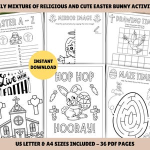 Pu&ograve; includere: Un set di 36 pagine di attivit&agrave; pasquali stampabili per bambini. Le pagine presentano un mix di temi religiosi e secolari, tra cui un coniglio che tiene un uovo di Pasqua, una chiesa, una croce e un labirinto. Il testo sulle pagine include "Easter A-Z", "Live with Faith", "Hop Hop Hooray", "Maze Time" e "Drawing Time".