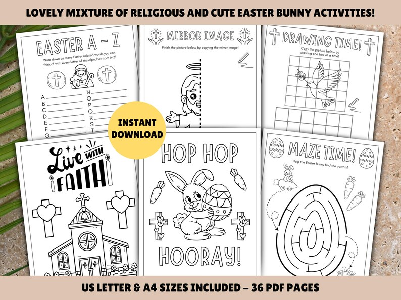 Pu&ograve; includere: Un set di 36 pagine di attivit&agrave; pasquali stampabili per bambini. Le pagine presentano un mix di temi religiosi e secolari, tra cui un coniglio che tiene un uovo di Pasqua, una chiesa, una croce e un labirinto. Il testo sulle pagine include "Easter A-Z", "Live with Faith", "Hop Hop Hooray", "Maze Time" e "Drawing Time".