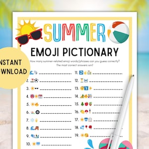 Summer Emoji Pictionary Game! PRINTABLE Summer Emoji Game, Summer Party Game, Family, Teens, Kids Summer Camp Game, Summer Vacation Game