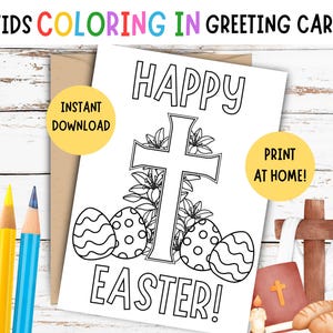 Cartão de Páscoa para colorir para crianças! Cartão de Páscoa cristão IMPRIMÍVEL para crianças, Cartão de Páscoa religioso DIY para crianças, Cartão de colorir religioso, 5 x 7 POLEGADAS