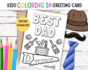 Kids Coloring Father's Day Card - PRINTABLE Father's Day Coloring Card, Best Dad Card, Daddy, DIY Father's Day Card, Dad's Tools Card
