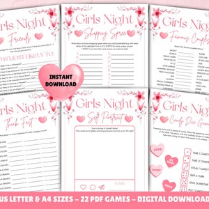May include: A set of 22 printable girls' night games in PDF format. The games include "Who is Most Likely To", "Think Fast", "Shopping Spree", "Famous Couples", "Self Portrait", and "Candy Dice Game".