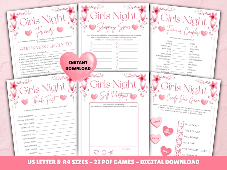May include: A set of 22 printable girls' night games in PDF format. The games include "Who is Most Likely To", "Think Fast", "Shopping Spree", "Famous Couples", "Self Portrait", and "Candy Dice Game".