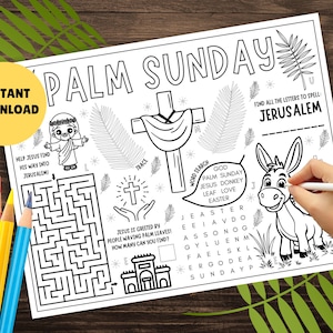 Palm Sunday Activity Placemat - PRINTABLE Kids Palm Sunday Worksheet, Palm Sunday Activity Page, Prayer Activity, Classroom Church Activity