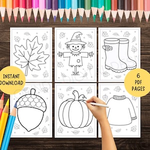 Puede incluir: Un conjunto de seis páginas para colorear imprimibles con arte lineal en blanco y negro de una hoja de arce, un espantapájaros, botas de lluvia, una bellota, una calabaza y un suéter, con el texto INSTANT DOWNLOAD y 6 PDF PAGES.