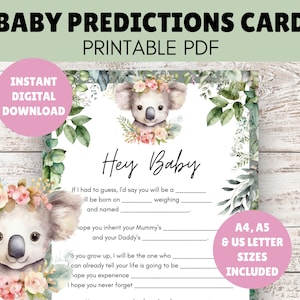 Carte de prédictions et de conseils Hey Baby - Thème Koala - Jeu de baby shower - Activité d'une page - Imprimable PDF à télécharger