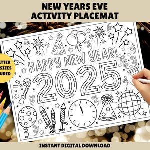 New Years Eve Activity Placemat for Kids - PRINTABLE New Years Activity Mat - New Years Kids Activities - NYE Activity Sheet & Coloring In
