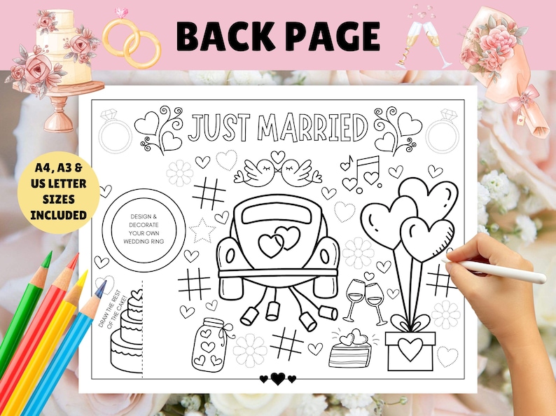 Puede incluir: Una p&aacute;gina para colorear en blanco y negro con el texto "JUST MARRIED" en la parte superior. La p&aacute;gina presenta un coche con un coraz&oacute;n en la parte trasera, un anillo de boda, globos y otras ilustraciones con tem&aacute;tica nupcial. La p&aacute;gina est&aacute; dise&ntilde;ada para colorear.