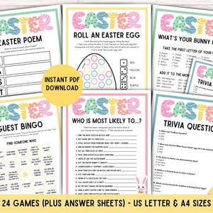 May include: A collection of Easter-themed printable games, including trivia, bingo, and an Easter poem. The designs feature pastel colors and the word "Easter" in a playful font. The set includes US Letter and A4 sizes.