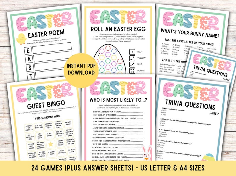 May include: A collection of Easter-themed printable games, including trivia, bingo, and an Easter poem. The designs feature pastel colors and the word "Easter" in a playful font. The set includes US Letter and A4 sizes.