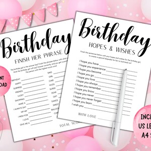 May include: Two printable birthday party games on white paper with black calligraphy. One game is "Finish Her Phrase" and the other is "Hopes & Wishes". A white pen rests on the second page. Pink balloons and a banner decorate the background.