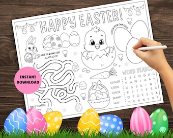 Kids Easter Activity Placemat! PRINTABLE Kids Easter Activity Page, Easter Placemat, Chick Easter Coloring Page, Easter Activities for Kids