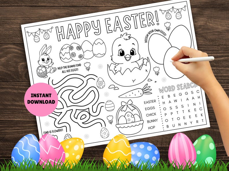 May include: A black and white printable coloring page with an Easter theme. The page features a chick in an eggshell, a bunny rabbit in a maze, a basket of eggs, and a word search puzzle. The text "Happy Easter!" is at the top of the page.