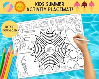 Kids Summer Activity Placemat! PRINTABLE Summer Kids Activity Page, Summer Placemat, Summer Activity Mat, Summer Days Worksheet, DOWNLOAD